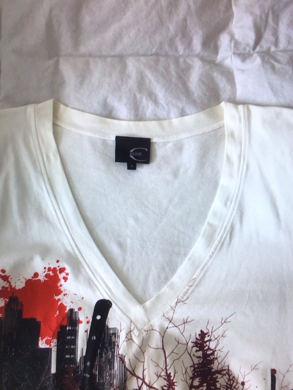 Just Cavalli White Long Sleeve V-Neck Graphic Tee with Red and Brown Print - Picture 3 of 5